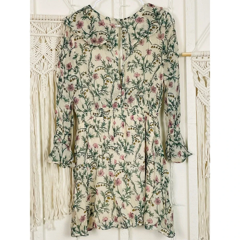 $128 Free People Floral Mini Dress Cream Ruffle Tie Front Women SM Cottagecore
